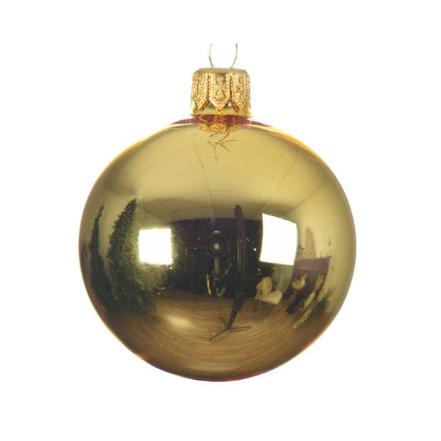 Decoris Kerstballen set - 6x stuks - goud - glas - 6 cm - glans - kerstversiering - met gouden ophanglintje - Kerstbal