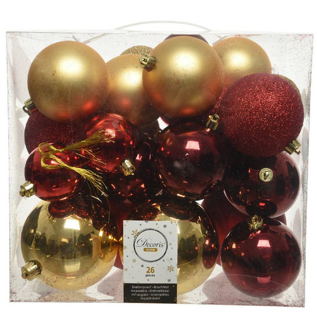 Decoris Kerstballen - 26x st - goud/rood - 6-8-10 cm - kunststof - Kerstbal