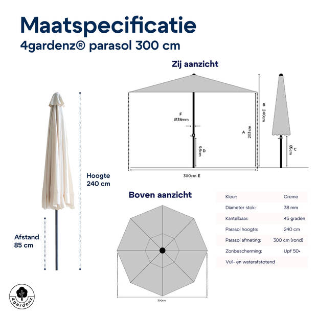 4gardenz® Parasol Rond 300 cm met Volant - Kantelbaar - Creme