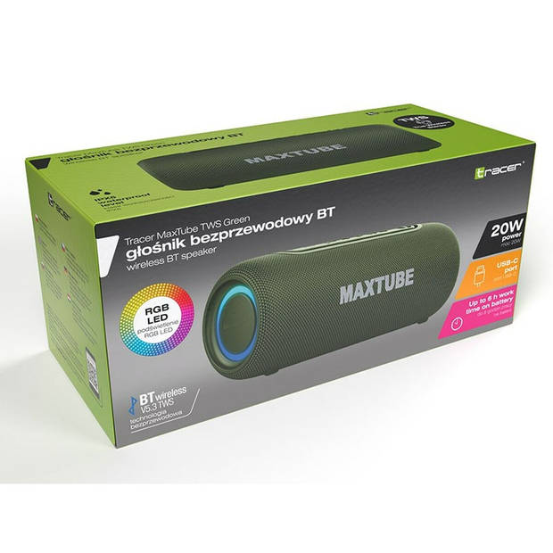 Dankzij de draagbare Bluetooth®-luidsprekers Tracer MaxTube Groen 20 W