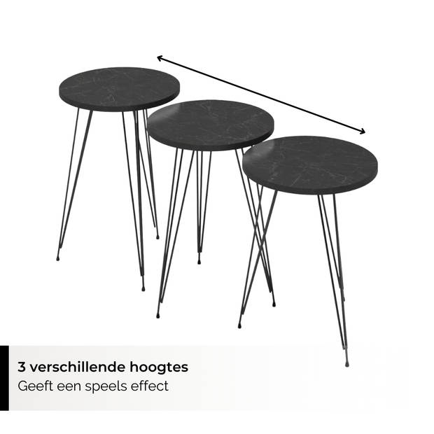 Brück Set van 3 Bijzettafels in 3 Hoogtes, Marmerlook Bijzettafel Rond , Ø34cm, Zwart