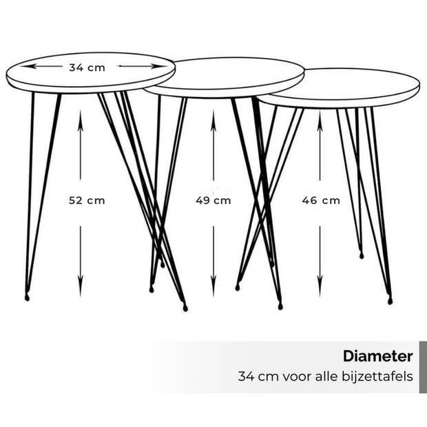 Brück Set van 3 Bijzettafels in 3 Hoogtes, Marmerlook Bijzettafel Rond , Ø34cm, Zwart