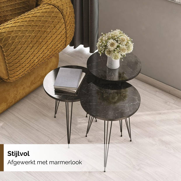 Brück Set van 3 Bijzettafels in 3 Hoogtes, Marmerlook Bijzettafel Rond , Ø34cm, Zwart