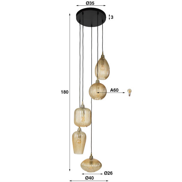 Holly hanglamp 5L getrapt - amberkleurig glas