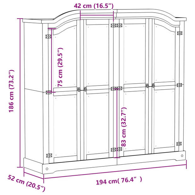 vidaXL Kledingkast Corona 194x52x186 cm massief grenenhout