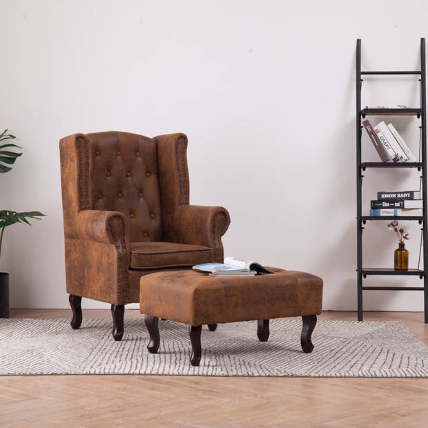 vidaXL Fauteuil en voetenbank Chesterfield-stijl kunstsuède bruin