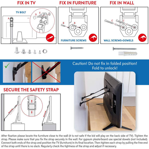 Tatkraft PROTECT -Kantelbeveiliging Voor Televisie & Meubels - Anti Kantel Banden - Omvalbeveiliging - Set 4 Stuks