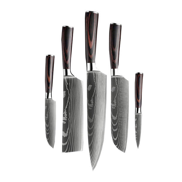 Shinrai Japan - Messenset - 5 delig - Koksmes - Japanse Messen - Mes - Damascus Print - Met Luxe geschenkdoos