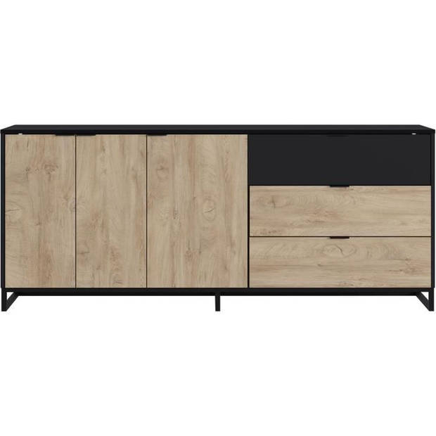 NEO dressoir - Eiken en zwarte melamine - 3 deuren + 2 laden + 1 nis - L180 x D44 x H75,5 cm