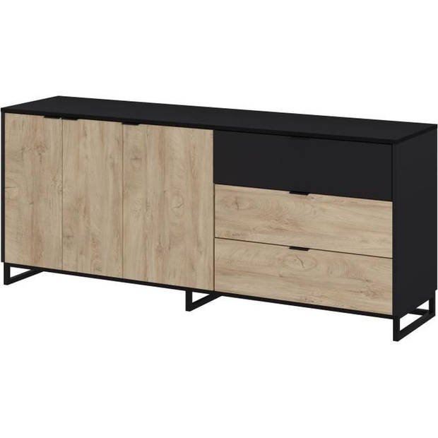 NEO dressoir - Eiken en zwarte melamine - 3 deuren + 2 laden + 1 nis - L180 x D44 x H75,5 cm