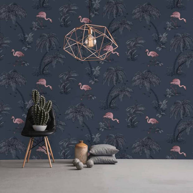 DUTCH WALLCOVERINGS Behang flamingo petrolblauw