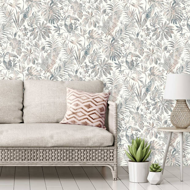 DUTCH WALLCOVERINGS Behang bladeren en toekan beige