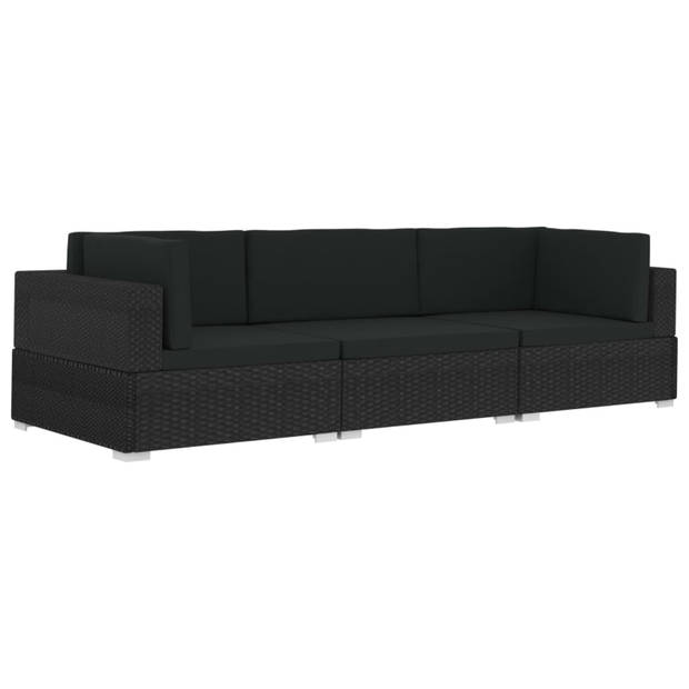 vidaXL 3-delige Loungeset met kussens poly rattan zwart