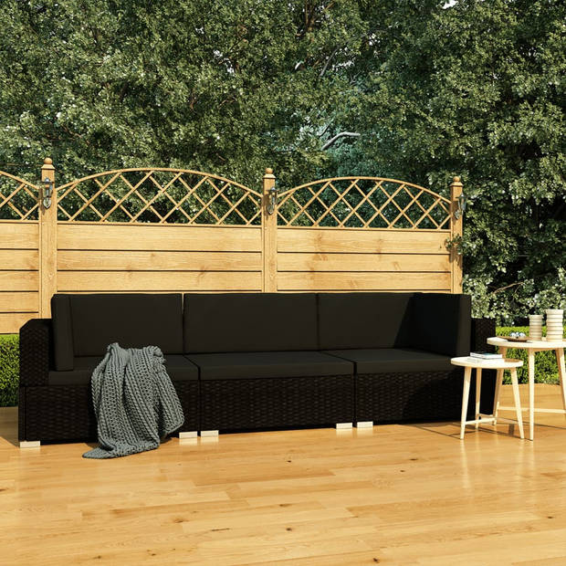 vidaXL 3-delige Loungeset met kussens poly rattan zwart