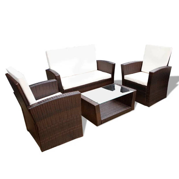 vidaXL 4-delige Loungeset met kussens poly rattan bruin