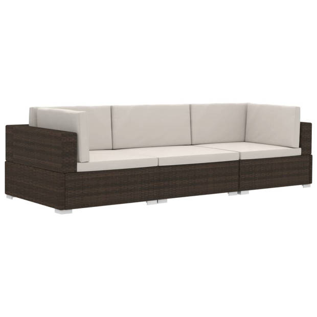 vidaXL 3-delige Loungeset met kussens poly rattan bruin