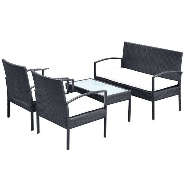 vidaXL 4-delige Loungeset met kussens poly rattan zwart