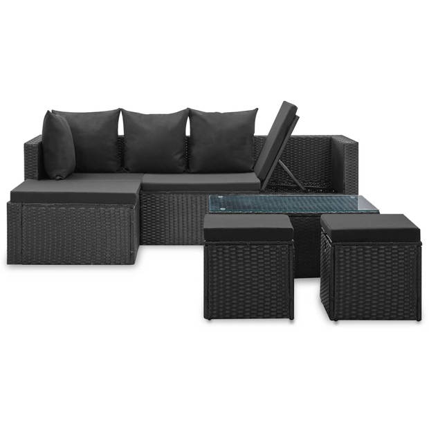 vidaXL 4-delige Loungeset met kussens poly rattan zwart