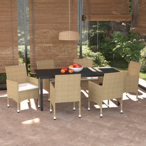 vidaXL 7-delige Tuinset met kussens poly rattan beige