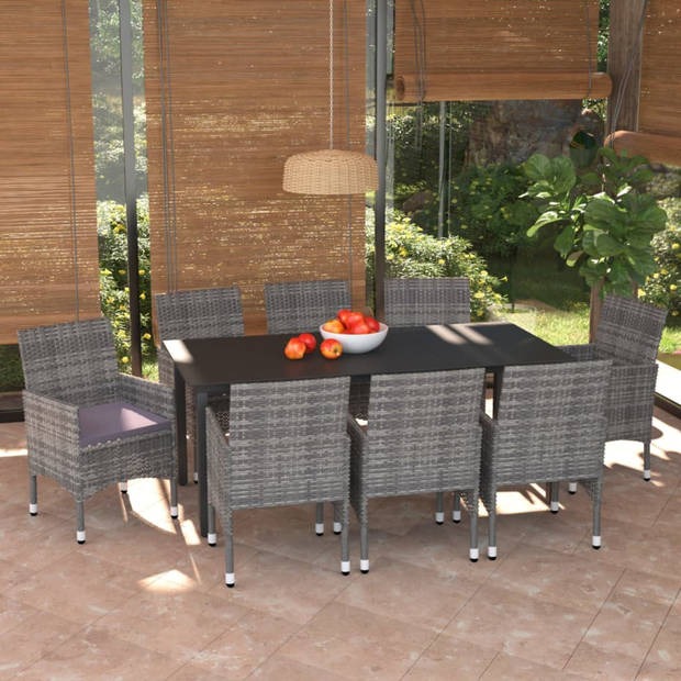 vidaXL 9-delige Tuinset met kussens poly rattan grijs