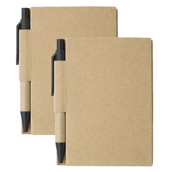 Notitie/opschrijf boekje met balpen - harde kaft - beige/zwart - 2x8cm - 80blz gelinieerd - Notitieboek