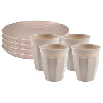 Plasticforte camping servies van kunststof - 8x dinerborden en 8x drinkbekers - beige - onbreekbaar - Campingborden