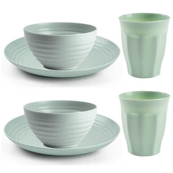 Plasticforte Camping Servies set - kunststof - mintgroen - 10x borden/10x drinkbekers/10x kommetjes - Campingborden