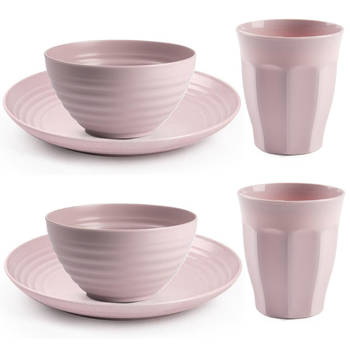 Plasticforte Camping Servies set - kunststof - roze - 10x borden/10x drinkbekers/10x kommetjes - Campingborden