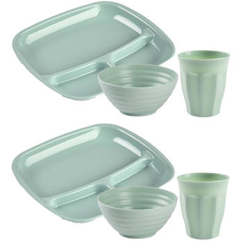 Plasticforte Camping Servies 18 delig - kunststof - mintgroen - 6x borden/6x drinkbeker/6x kommetjes - Campingborden