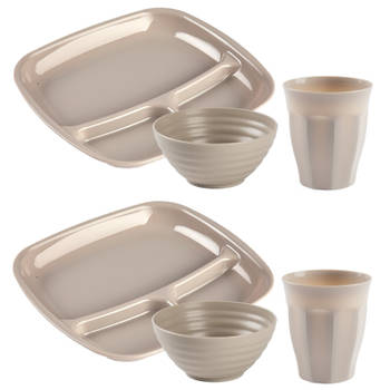 Plasticforte Camping Servies 18 delig - kunststof - beige - 6x borden/6x drinkbekers/6x kommetjes - Campingborden