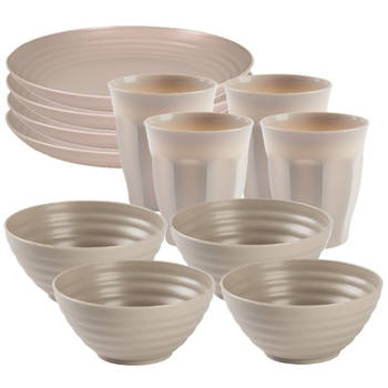 Plasticforte Camping Servies set - kunststof - beige - 4x borden/4x drinkbekers/4x kommetjes - Campingborden