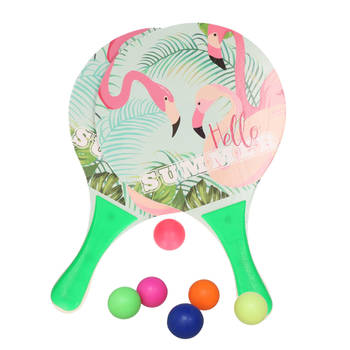 Summertime Beachball set - hout - kleurenmix - strand sport speelset - met 6x balletjes - Beachballsets