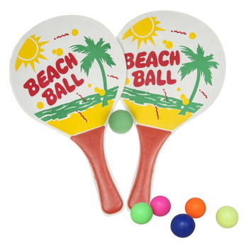 Gebro Beachball set - hout - kleurenmix - strand sport speelset - met 6x balletjes - Beachballsets