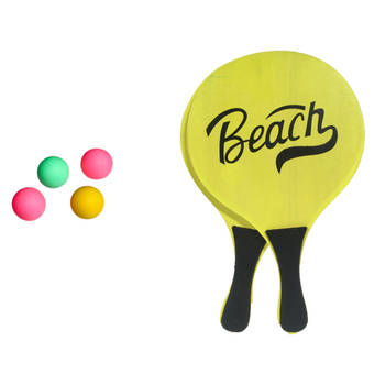 Gebro strand Beachball set - hout - geel - strand sport speelset - met 5x balletjes - Beachballsets