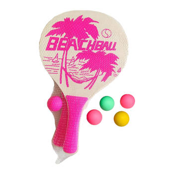 Summertime Beachball set - hout - roze - strand sport speelset - met 5x balletjes - Beachballsets