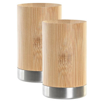 Badkamer tandenborstelhouder / drinkbeker - 2x - hout/zilver - 7 x 11 cm - Tandenborstelhouders