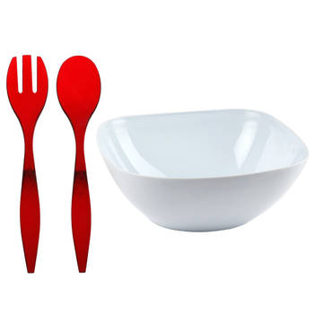 Plasticforte Salade/sla serveerschaal - wit - kunststof - D28 X H11 cm - met sla bestek rood - Serveerschalen