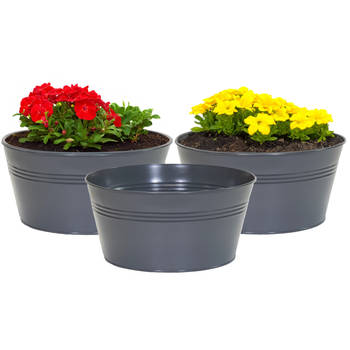 Mega Collections plantenpot/bloempot Bob - 3x - zink - antraciet - D25 X H12 cm - IJzeren emmer / teil