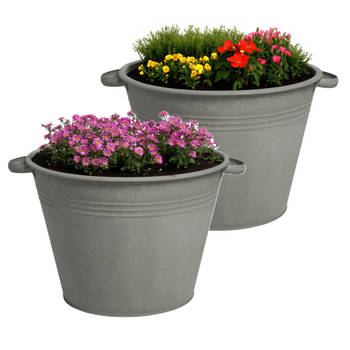 Mega Collections plantenpot/bloempot Farmer - 2x - zink - donkergrijs - D35 X H25 cm - IJzeren emmer / teil