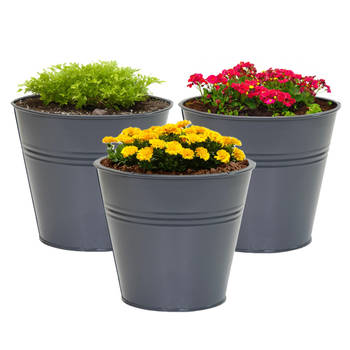 Mega Collections plantenpot/bloempot Bob - 3x - zink - antraciet - D15 X H13 cm - IJzeren emmer / teil