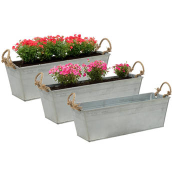 Mega Collections plantenbak/bloembak Farmer - 3x - balkon - zink - zilver - L44 x D15 X H13 cm - IJzeren emmer / teil