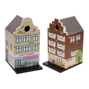 Pro Garden Vogelhuisjes - set 2x - grachtenpand design - hout - 15 x 12 x 23 cm - nestkastjes - Vogelhuisjes