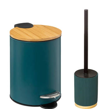 5Five Badkamerset - pedaalemmer en toiletborstel - petrolblauw - 3L - badkamer accessoires - Toiletborstels