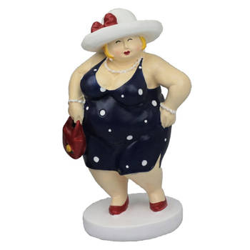 Inware Home decoratie beeldje dikke dame staand - jurk blauw - 16 cm - Beeldjes