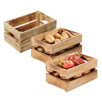 Kesper Fruitkisten opslagbox - 3x - old look - lichtbruin - hout - L40 x B30 x H23 cm - Opbergkisten