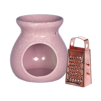 Ideas4seasons Amberblokjes/geurblokjes cadeau set - geurbrander en mini rasp - roze - keramiek - Geurbranders