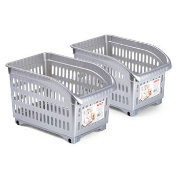 Plasticforte opberg Trolley Container - 2x - zilver - L30 x B18 x H19 cm - kunststof - Opberg trolley