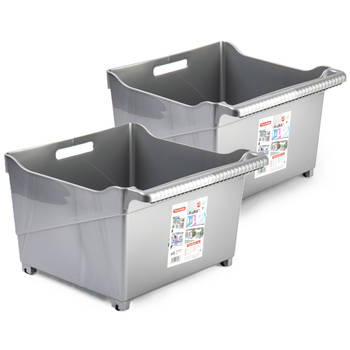 Plasticforte opberg Trolley Container - 2x - zilver - L39 x B38 x H26 cm - kunststof - Opberg trolley