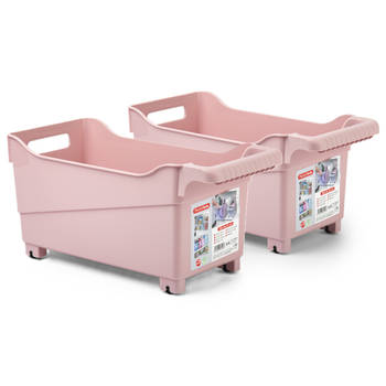 Plasticforte opberg Trolley Container - 2x - roze - L38 x B18 x H18 cm - kunststof - Opberg trolley