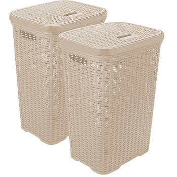 Hega Hogar Wasmand met deksel Rotan - 2x - beige - kunststof - 60L - 34 x 43 x 62 cm - Wasmanden